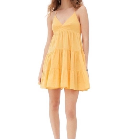 Urban Outfitters UO Yellow Cotton fieldstone tiered mini dress V Neck size S - Picture 10 of 16